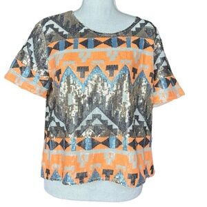 TEA & CUP: Sequin Orange Short Sleeve Zipper Blouse -Size Large